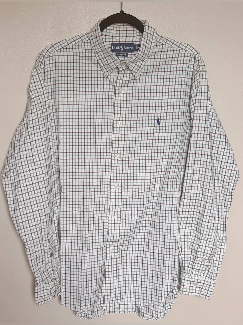 Ralph Lauren White Button-Down Shirt with Brown & Green Windowpane / size XL